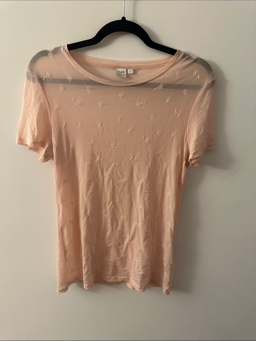 Simons TWIK Peachy Sheer Short Sleeve Top with Embroidered Dots